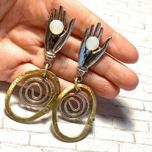 Brass Silver Pewter Moonstone Hand Goddess Earring